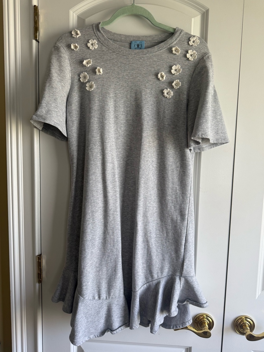 CeCe Cynthia Steffe Light Gray Floral Appliquè Cotton Blend Ruffled Hem Dress, S